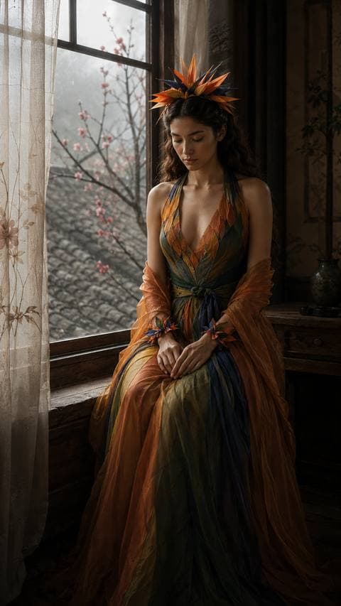 She stayed inside, listening to the peach branch tap against the roof tiles — steady as the question she couldn't bring herself to ask.