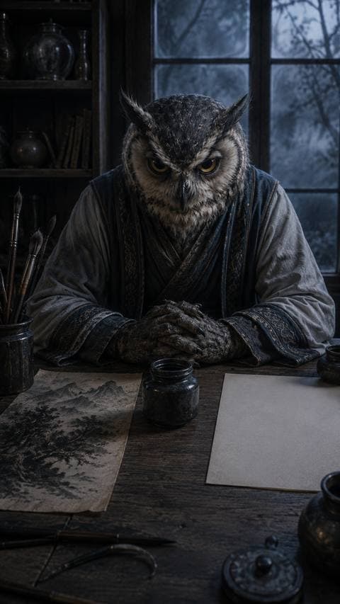I set the empty ink jar on the table — between the fading painting and the blank page. All three just sit there, and I still don't know...
