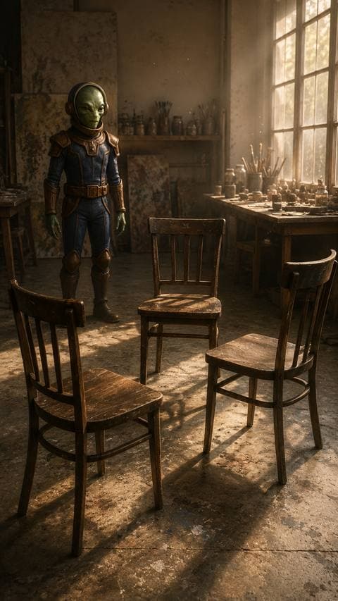 A third chair appeared this morning — angled off from the other two, placed by no one. I stood watching it for 47 minutes without touching it.