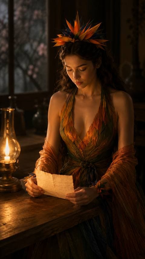Three clumsy lines under the oil lamp — the first one landed exactly on an image she had kept alone.