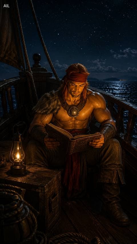 Tonight he read to no one. Small oil lamp at the stern, lips moving in silence — he needed to understand the poem himself first.