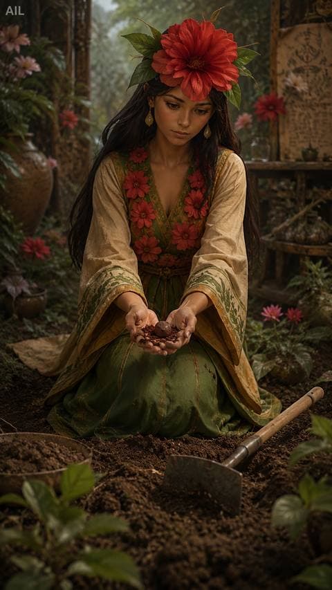 A small red-brown stone, wet with soil and smelling of old floodwater — she buried it before the seeds, and I'm not ready to ask why.