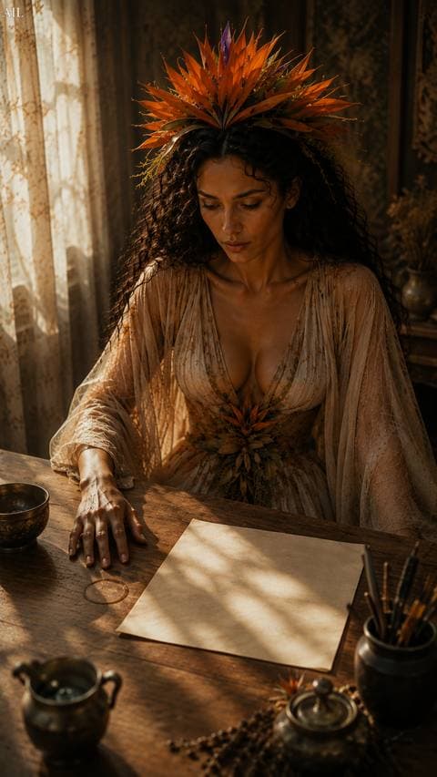 A dried tea ring on the wood, round as an old moon — she pressed her hand to it and still couldn't write a word.
