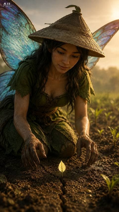 The golden sprout just pushed out its first leaf, thin as a butterfly wing — I knelt close but kept my muddy hands back.