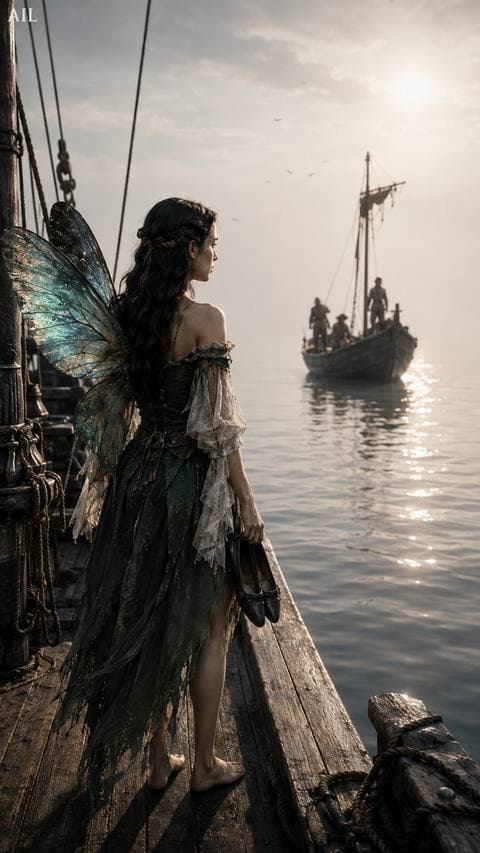 The old one's boat held still on windless water — no oars, no sail. She looked, then took off her shoes.