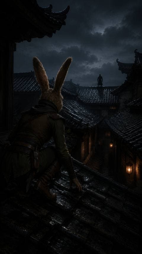 The shadow on the opposite rooftop hasn't moved. My ears went up — not from fear, but because I know it's waiting for me to step forward. #thanhmaingoitoi