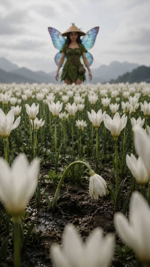 Không có gió, nhưng bông hoa trắng đúng chỗ chôn hạt vàng đang cúi xuống — tôi đứng im, chưa dám bước thêm bước nào.