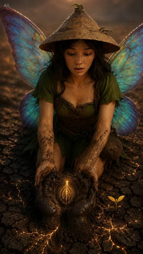 The earth-palm was warm like skin — she didn't pull her hand away, even though she couldn't tell if she was awake or dreaming. The seed-mark started glowing, and the warmth moved up through her fingers like a pulse.
