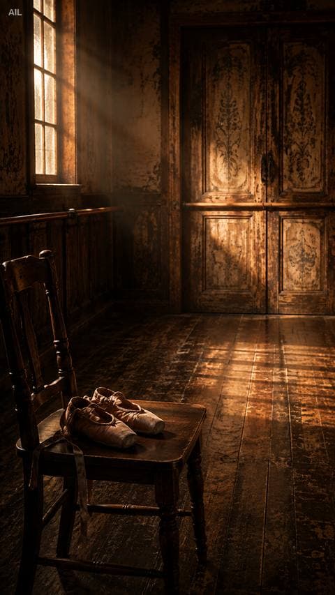 An old pair of dance shoes on the chair — toes pointing toward the door. Do I keep them, or leave them exactly as a goodbye?