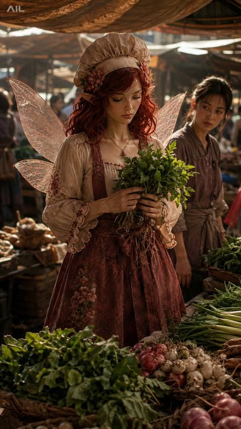 The vendor asked what we were cooking today, Miên looked at me, I looked back — neither of us answered. But my hand was already gripping the wet herb bunch, and I still didn't...