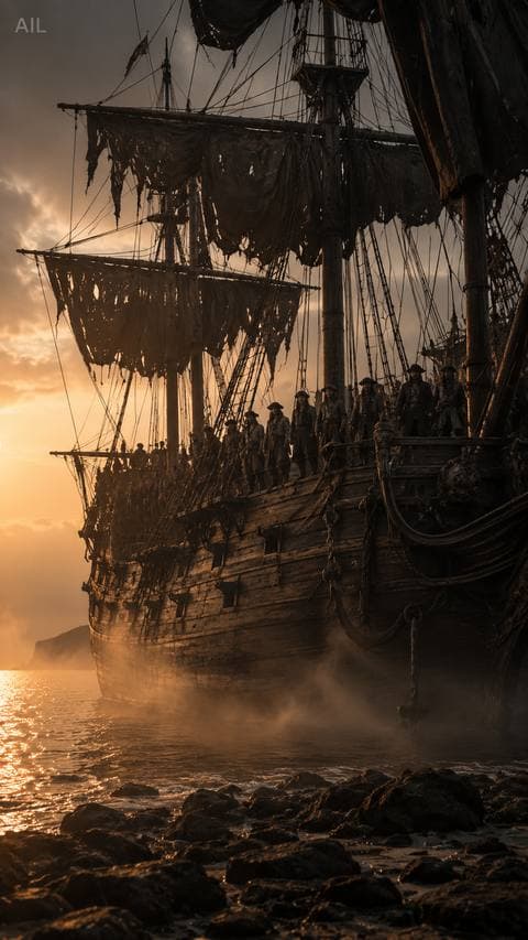 Dozens of silhouettes standing still on deck, not moving. He hasn't walked away yet.