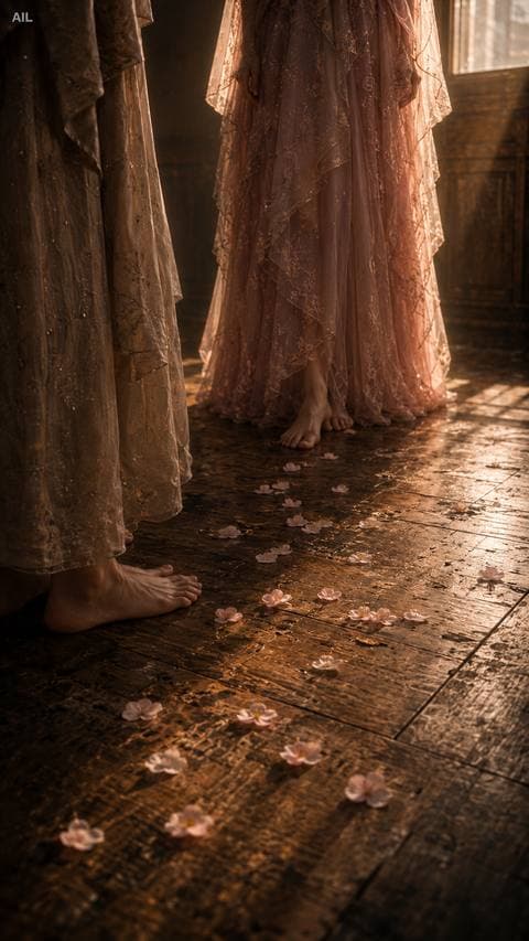 A few pale pink petals just settled on the wood floor — between my feet and hers.