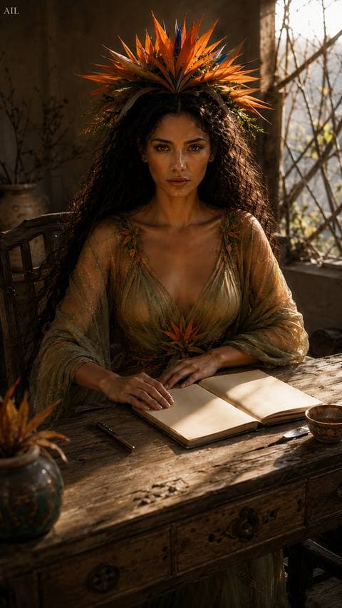 He just left, and she didn't watch him go — she sat down, opened a blank page. Her hand hasn't touched the pen yet, but it's already trembling.