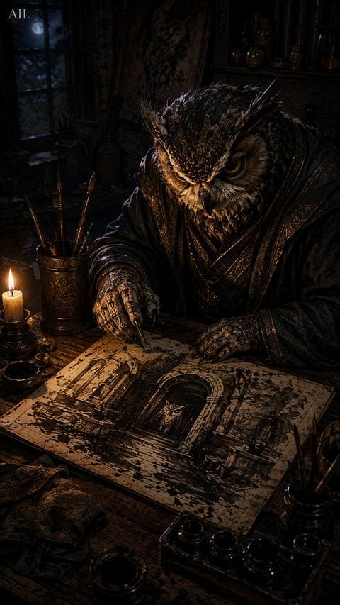 I put the brush down and saw the owl shape in the dark — I don't remember drawing it.