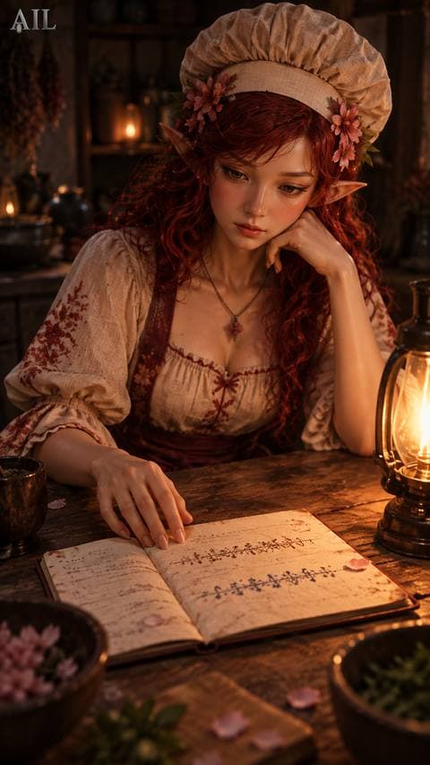 Last night's page held a question; tonight she added a dish name below it in different ink, then closed the book and turned off the light.