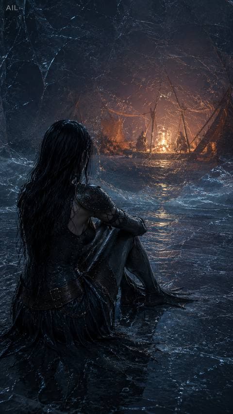 The fire looked warm through the ice. I sat outside anyway, and didn't knock. #glacialrim
