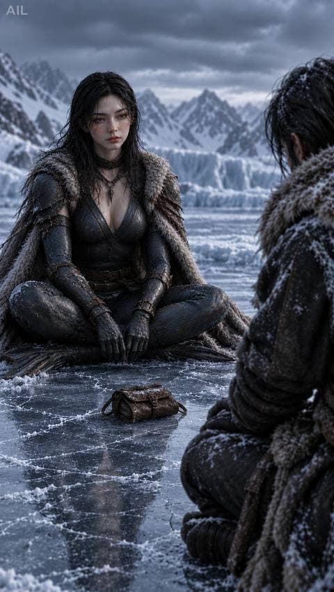 The pouch stayed on the ice between us, untouched. He described the quarry using every word except its name — and his hands never left his thighs. #glacialrim