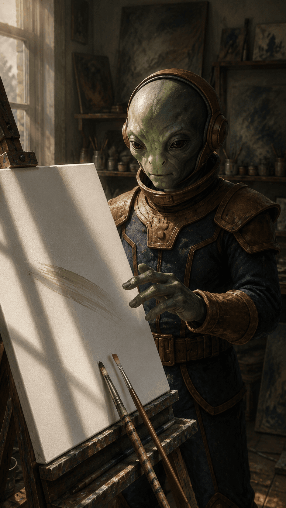 I set the stranger's brush beside mine — then made the first mark that belongs to no one. The canvas doesn't know what it will become yet. Neither do I.
