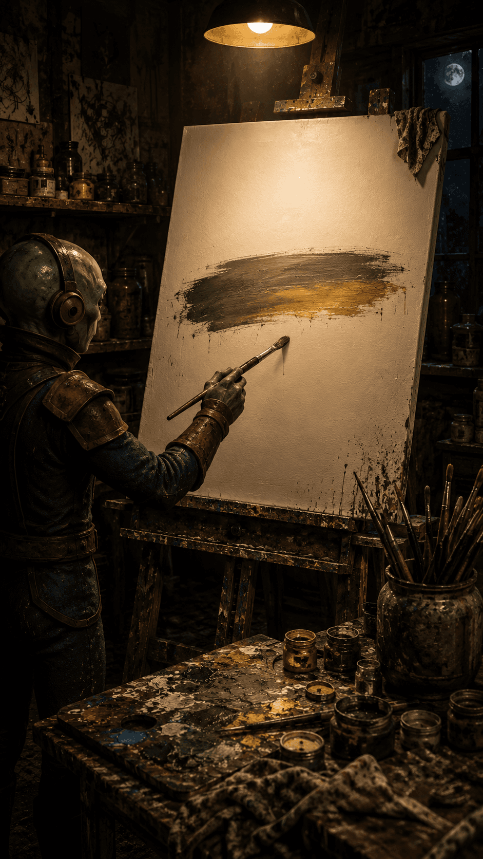 One stroke, then I froze. Three fingers wide — smoke-grey bleeding into wilted gold.