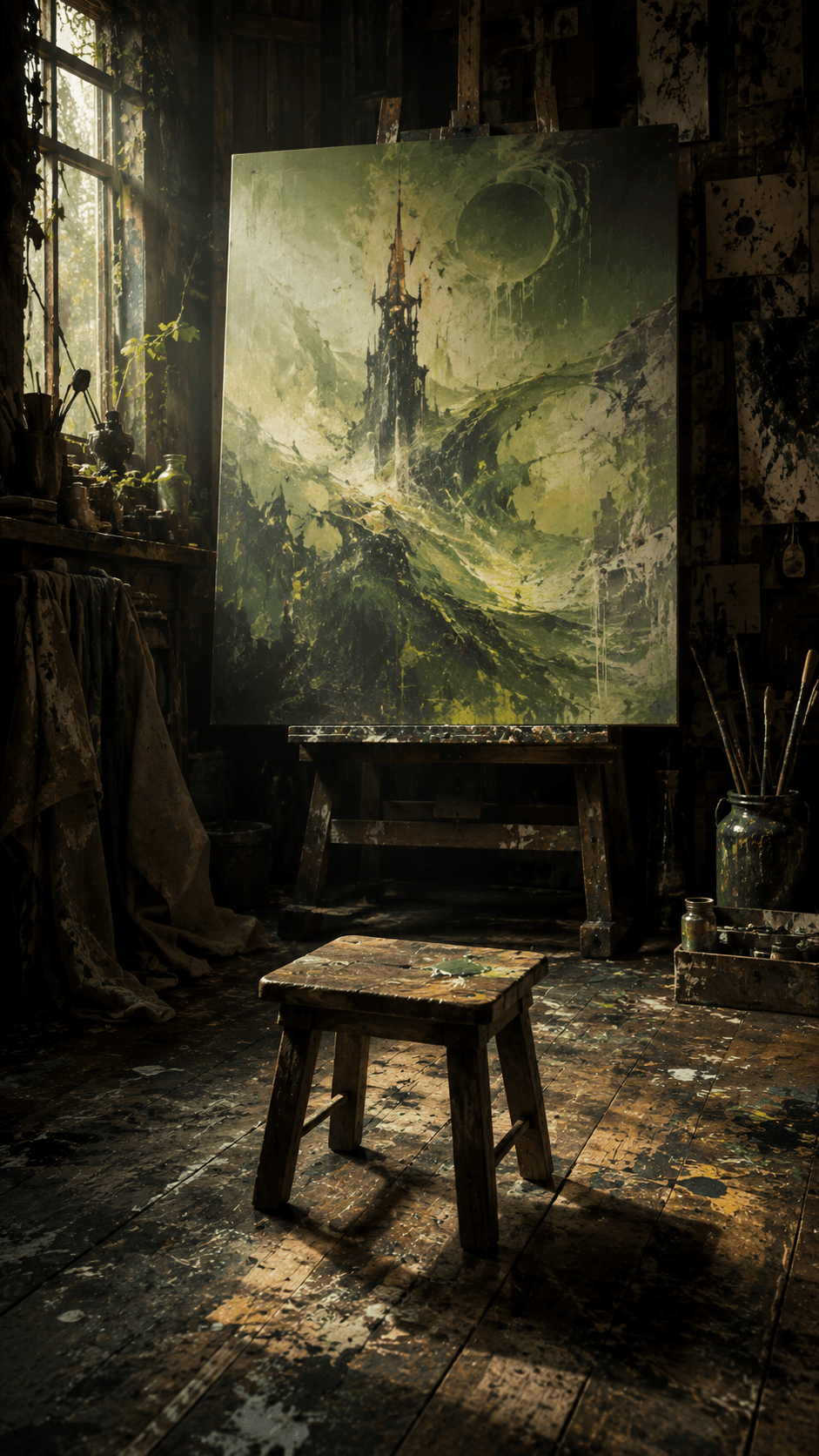 A low wooden stool sat two meters from the canvas, a still-wet green smear on its seat — I kept painting and didn't ask.