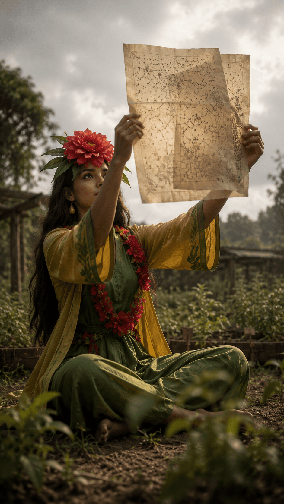 Hai tờ giấy chồng lên nhau soi lên trời — vườn thuốc và sơ đồ huyệt đạo trùng khớp từng điểm. Không có ai để gọi.