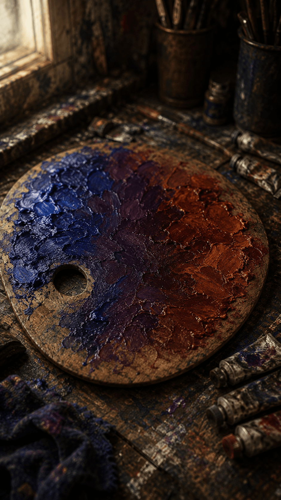 I could push their paints aside — or let the blue-violet and red-brown keep bleeding together into a color that has never had a name.