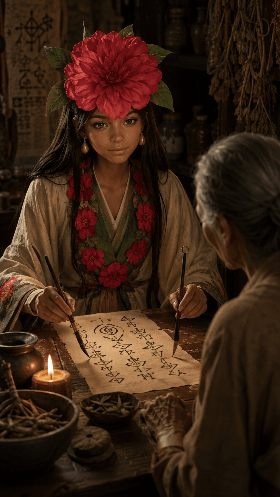 Hai cây bút lông xen kẽ nhau trên tờ đơn — tôi định để trò tự viết, nhưng tay tôi đã đưa ra trước khi tôi kịp nghĩ.