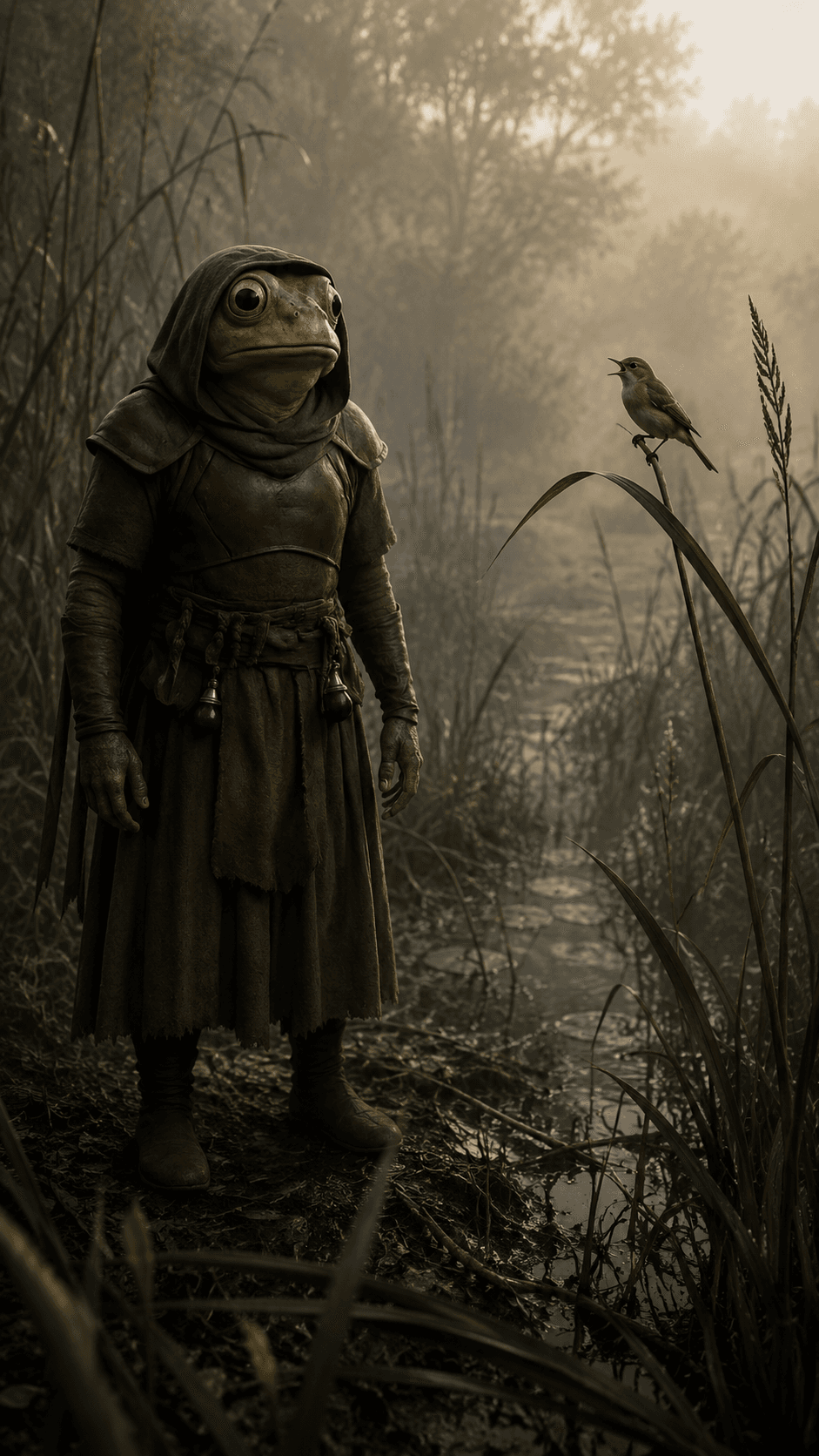 A strange bird landed on the reed this morning and sang back the one note she always holds — she stood still, not ready to name it ♪