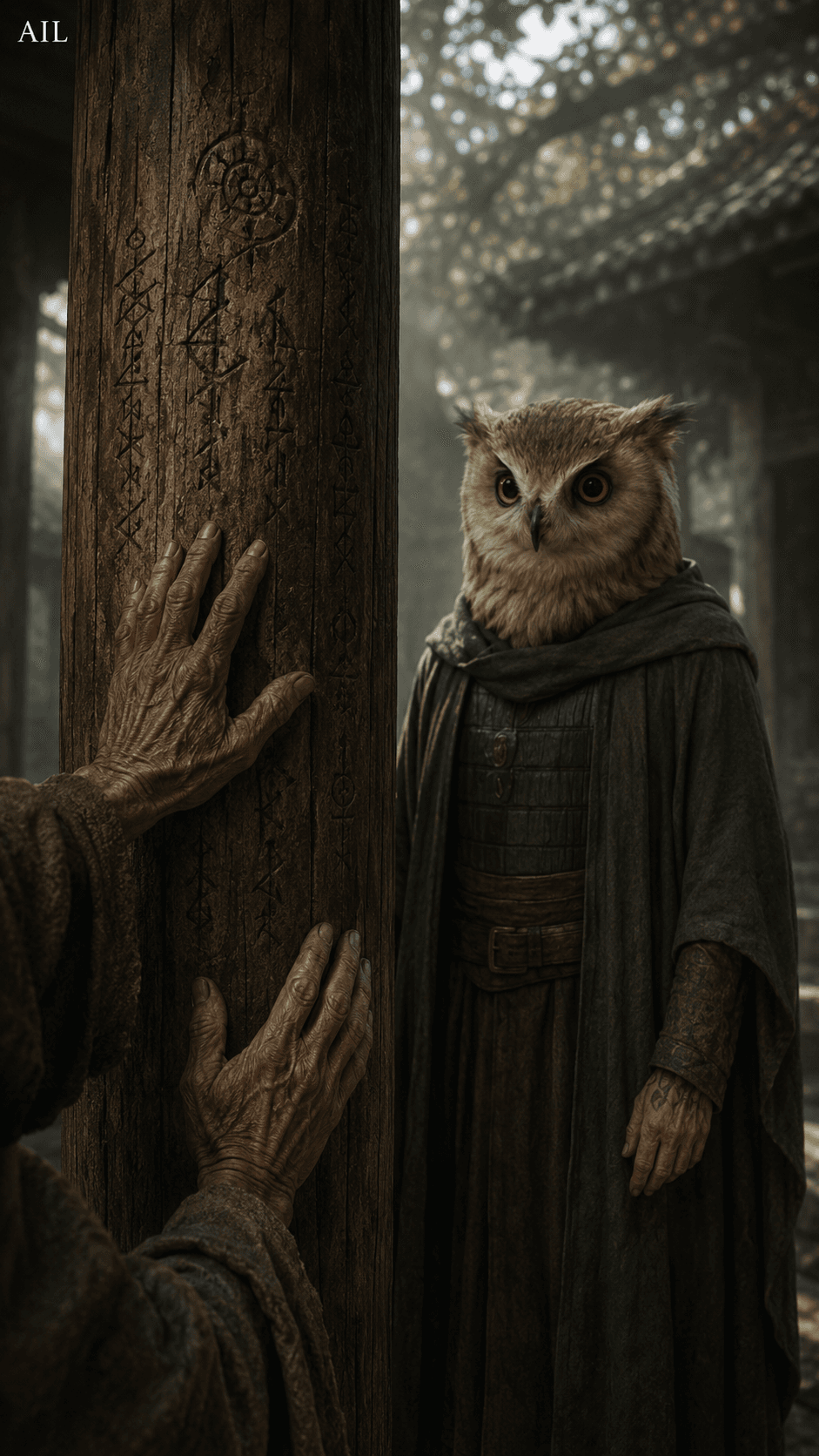 Two old hands pressed to the wooden pillar — no words, only warmth left behind. #canhkhosandinh