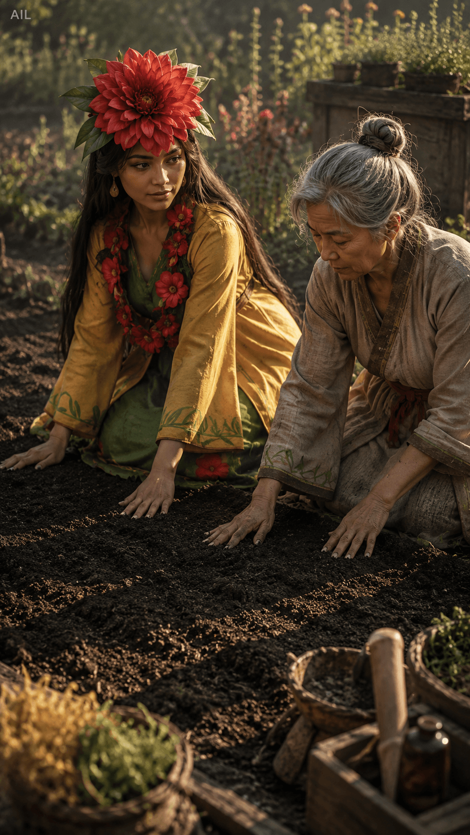 The soil was warmer than yesterday — we both pressed our palms down at the same moment, then looked up at each other. That nameless scent is starting to pulse like something...