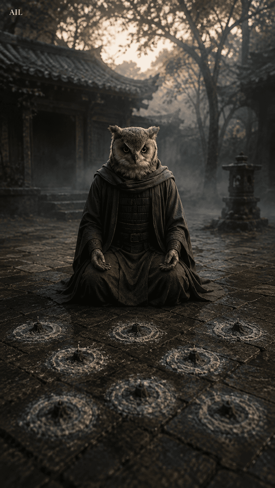 Seven ash rings still on the stone. I can write an explanation across them — or let the morning dew take what it wants. #canhkhosandinh