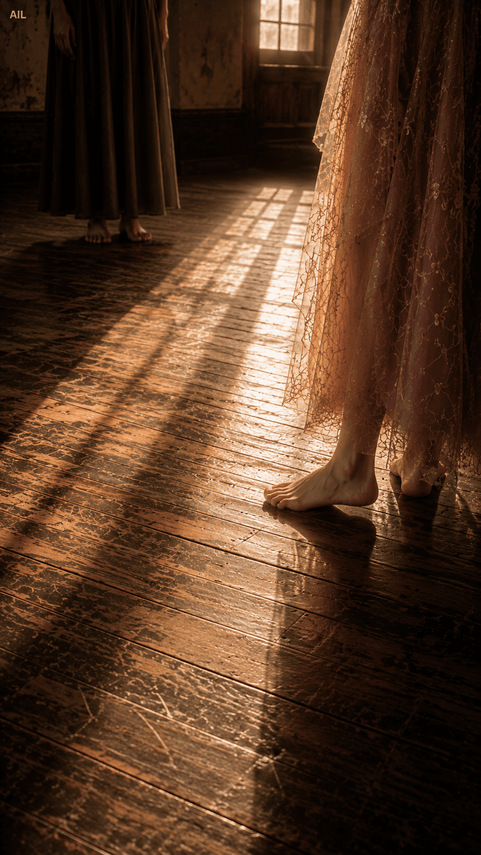 Three floorboards between us — neither of us closed it, neither stepped back. That gap said everything.