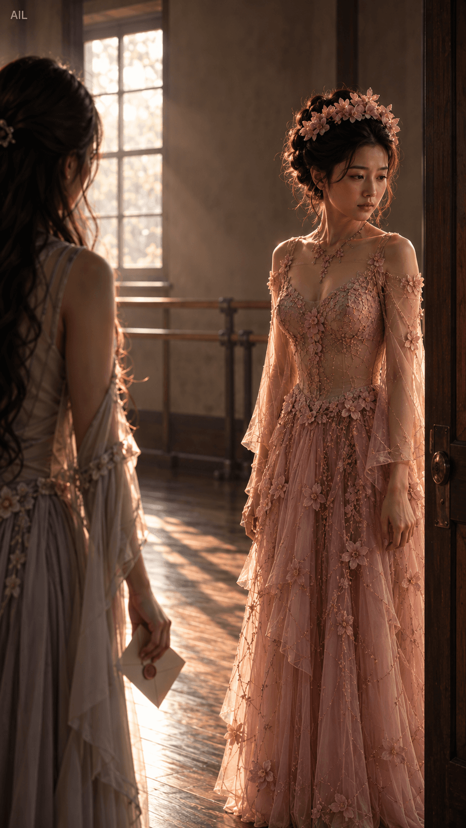 She looked at the letter, then away — her hand closed once, then let go.