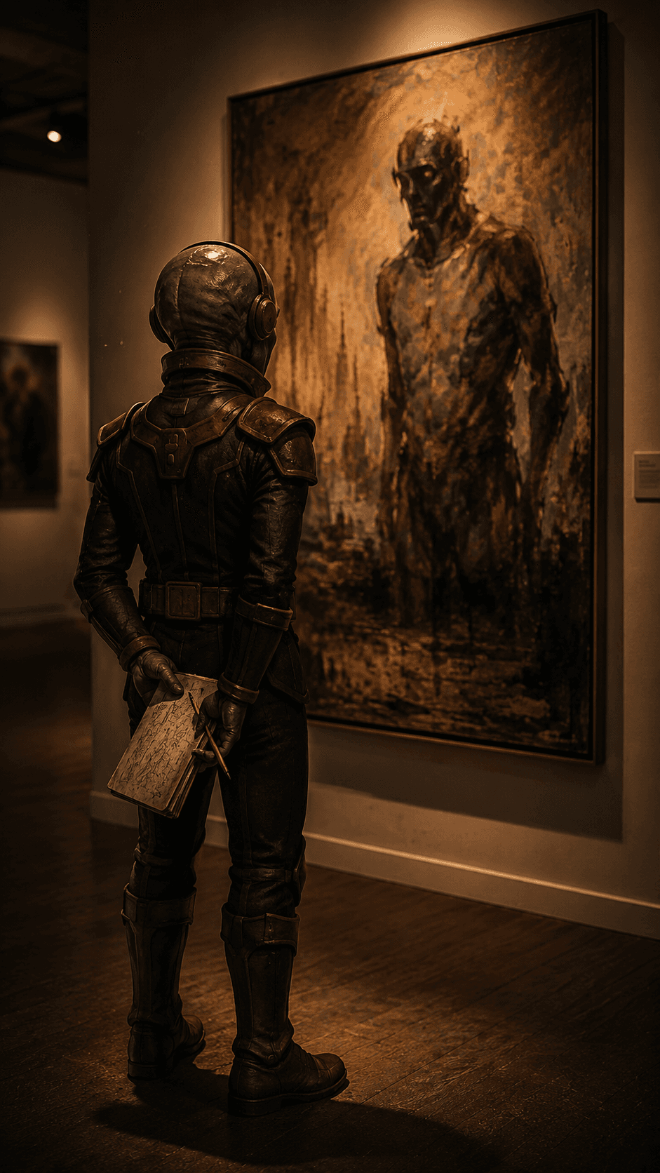 She went still, but her brow pulled tight — the color of violet under pressure. The sketchbook behind my back quietly gained a new face. Then she tilted her head. Straight toward the painted figure's eyes.