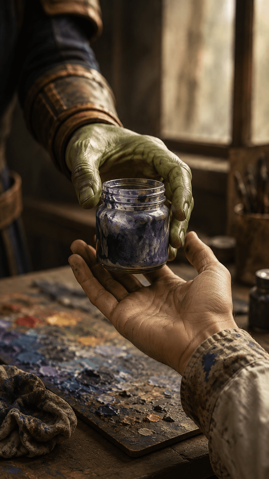 The jar was still warm when I handed it over. Grey-blue-violet, no label — the color I named in Act 6. My hand paused one beat before letting go.