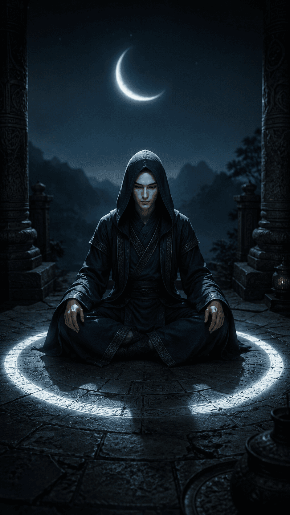 The moonring on the stone — exactly the width of where I sit. Never asked myself which time this is. No answer came. I have not moved.