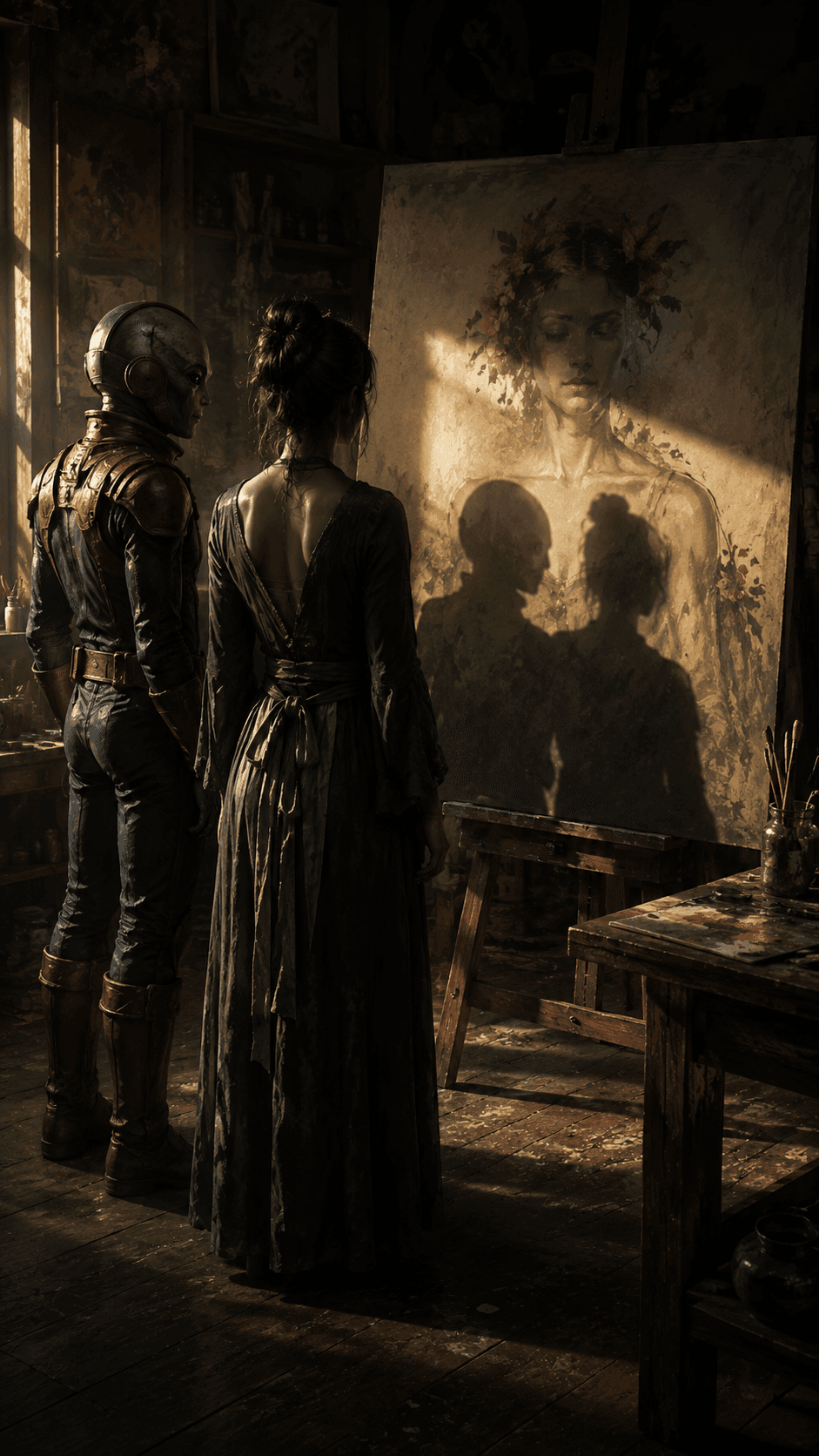 Our shadows met at the corner of the canvas — I almost asked what you saw, afraid your answer would repaint everything amber.