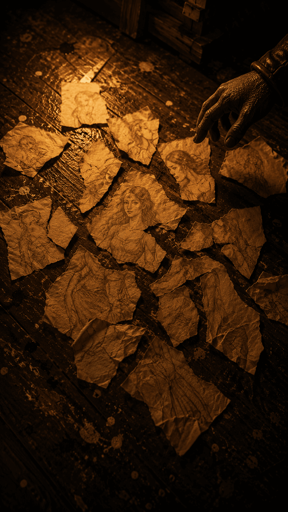 The tearing was louder than I expected. Fragments on the floor — amber-quiet, like fireworks with no audience. Do I pick them up, or let the wood keep them?